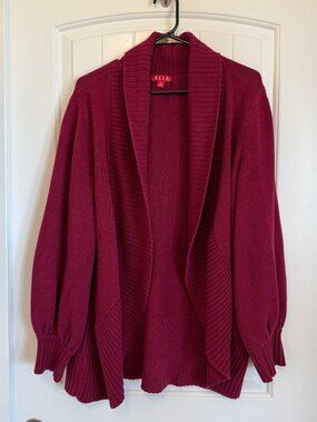 ELLE vibrant magenta open-front cardigan featuring a thick shawl collar. Size XL